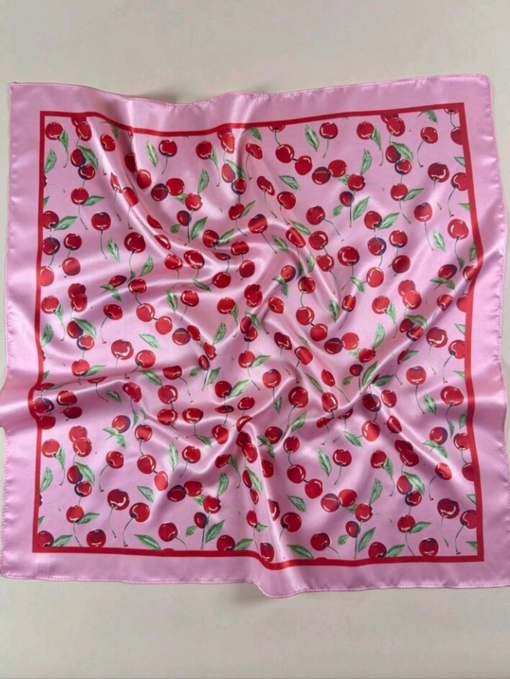 New Pink Cherry Print Satin Scarf Summer Beach Picnic Festival